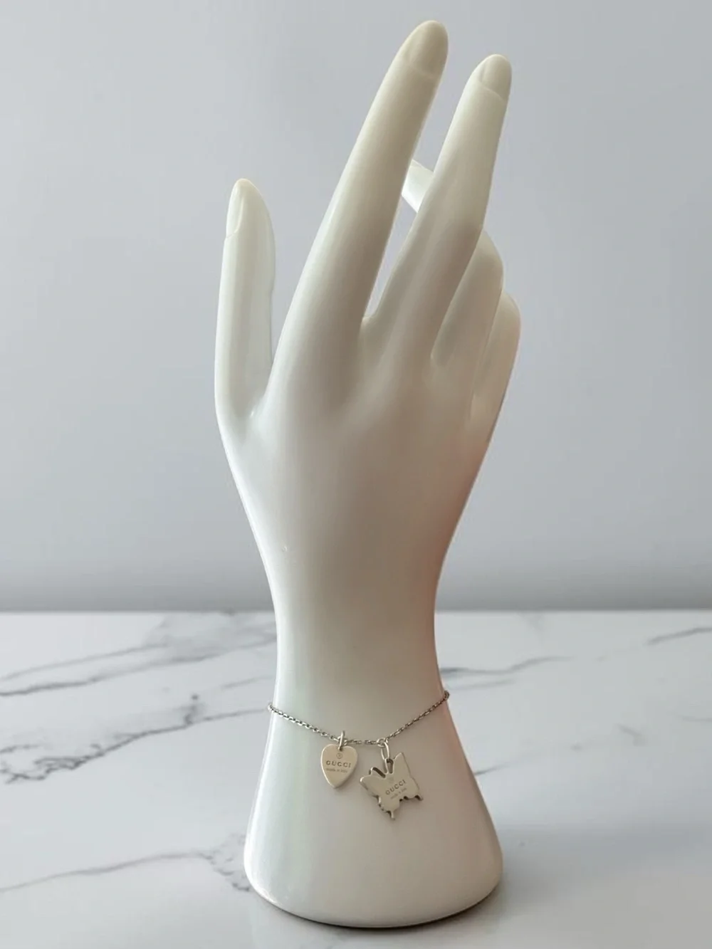 GUCCI 925 Sterling Silver Trademark Heart Butterfly Charm Chain Bracelet 16